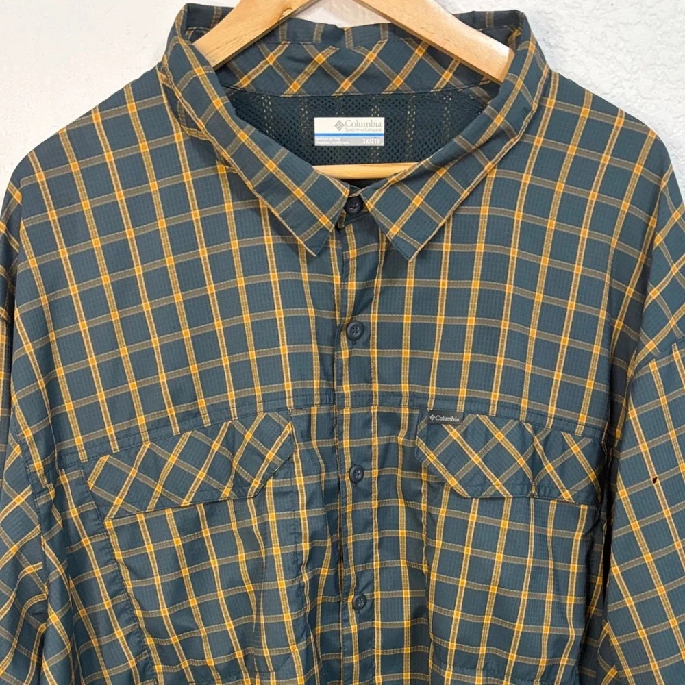 Columbia Mens 3X Omni-Shade Plaid Fishing Shirt Long Sleeve Teal Orange AS1282 - Picture 2 of 7